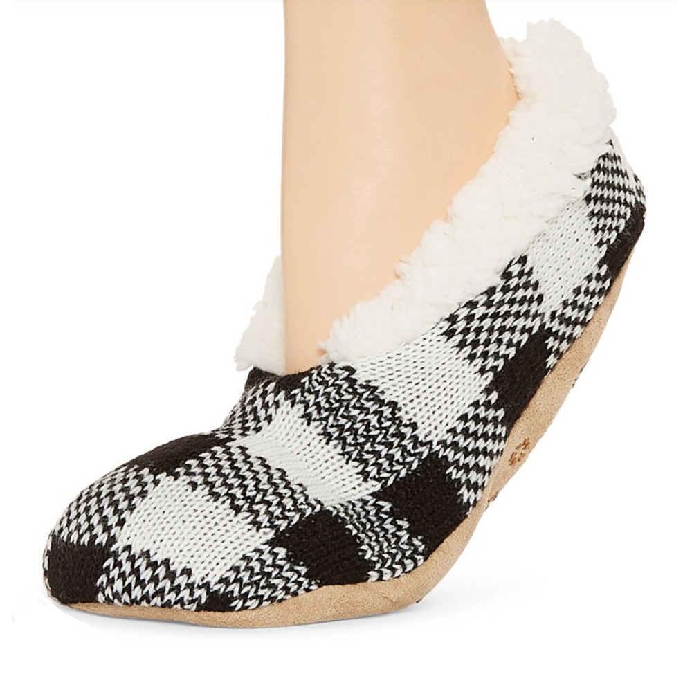 Mixit Slipper Socks Womens L/XL 8-9 Black White Buffalo Plaid Knit Faux Leather